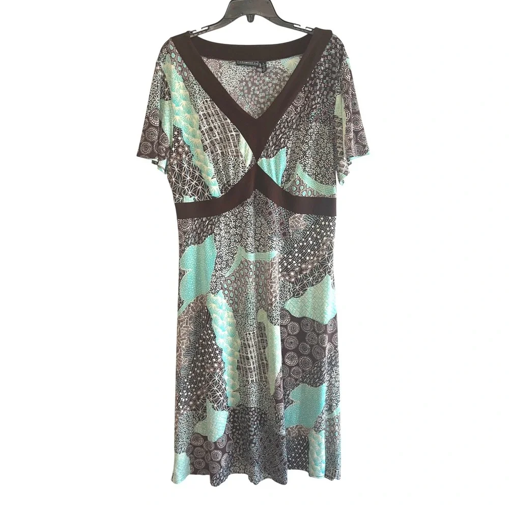 Elementz Womens‎ V-Neck Geometric Print Empire Waist Dress Brown Teal Large Y2K - Picture 2 of 11